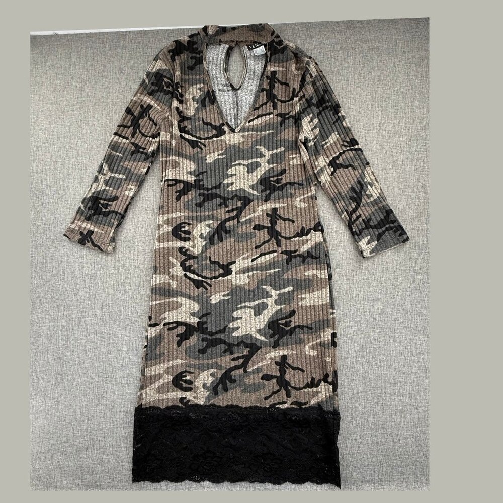 VENUS Camo Dress Ribbed Knit Medium Stretchy Lace Trim Long Sleeves Keyhole Neck